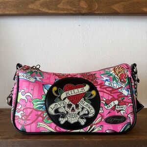 Ed Hardy Love Kills Slowly Pink Rhinestone Hobo Bag Y2K Purse NWT